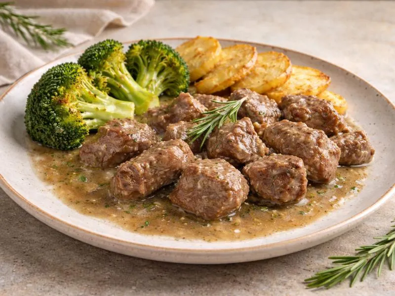 Browned pieces of lamb served with potatoes and broccoli