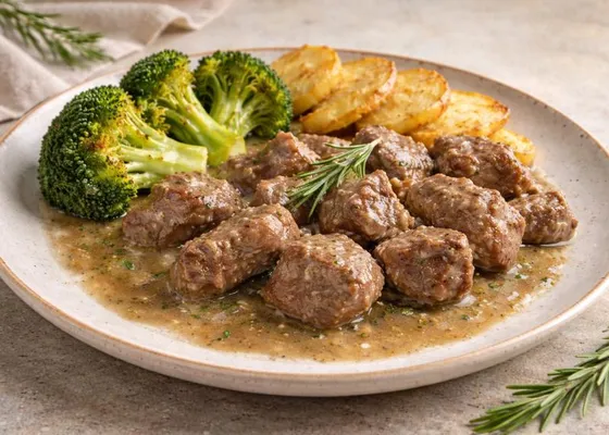 Browned pieces of lamb served with potatoes and broccoli