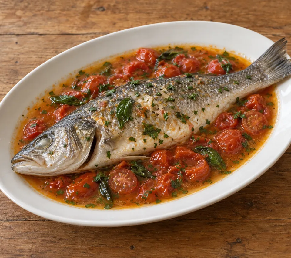Whole sea bass with cherry tomatoes, basil and parsley in a light broth on a white platter
