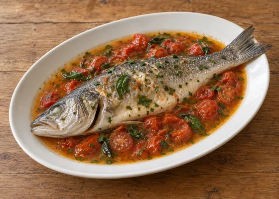 Whole sea bass with cherry tomatoes, basil and parsley in a light broth on a white platter