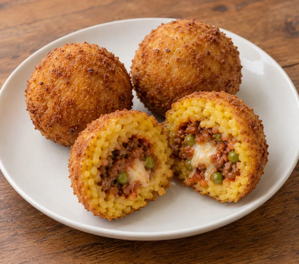 Golden breadcrumb-coated Sicilian arancini on a white plate, one cut open to show saffron rice, meat ragù, peas and cheese