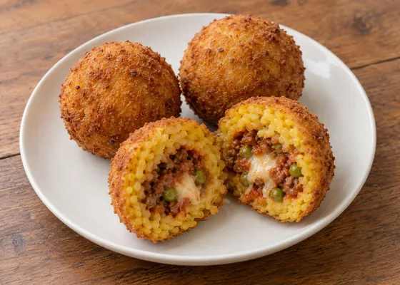 Golden breadcrumb-coated Sicilian arancini on a white plate, one cut open to show saffron rice, meat ragù, peas and cheese