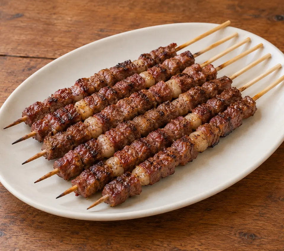 Slender skewers threaded with small browned sheep-meat and fat cubes, arranged on a white oval plate