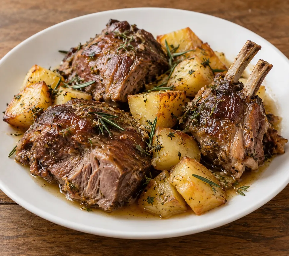 Tender browned lamb shoulder and rib pieces with roast potatoes, rosemary and thyme on a white plate