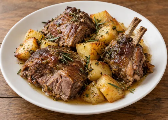 Tender browned lamb shoulder and rib pieces with roast potatoes, rosemary and thyme on a white plate