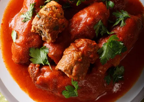 Stuffed beef rolls in red tomato sauce, with one cut open and parsley leaves scattered over the plate