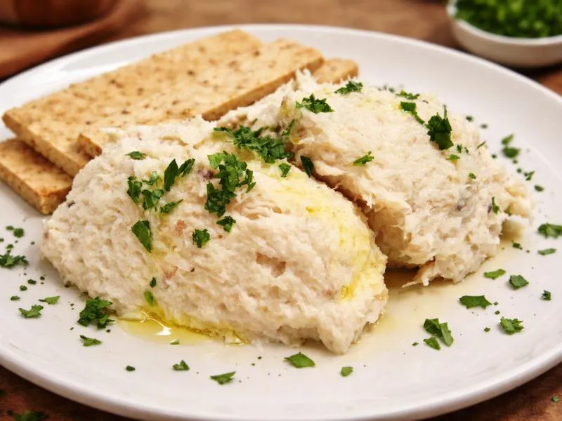 Pale whipped fish spread on toast with chopped parsley