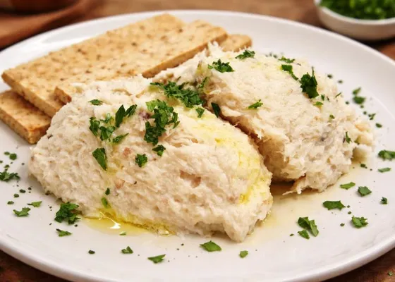 Pale whipped fish spread on toast with chopped parsley