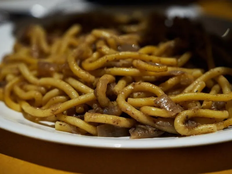 Thick pasta strands coated in a brown onion sauce with visible pieces of softened onion on a white plate