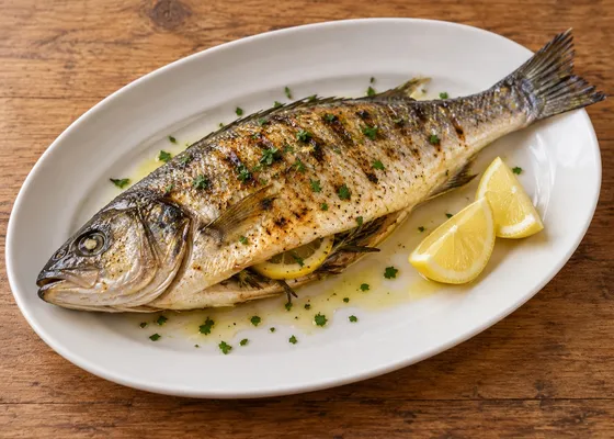 Whole grilled sea bass with browned skin, parsley, rosemary and lemon wedges on a white platter
