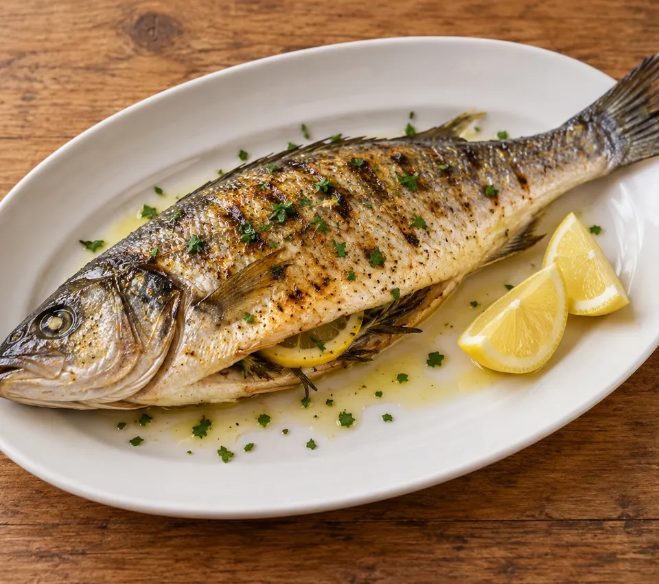Whole grilled sea bass with browned skin, parsley, rosemary and lemon wedges on a white platter