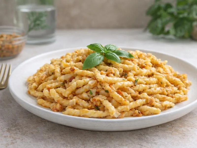 Twisted pasta coated in a pale tomato and almond sauce, topped with basil