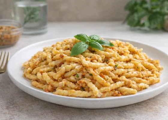 Twisted pasta coated in a pale tomato and almond sauce, topped with basil
