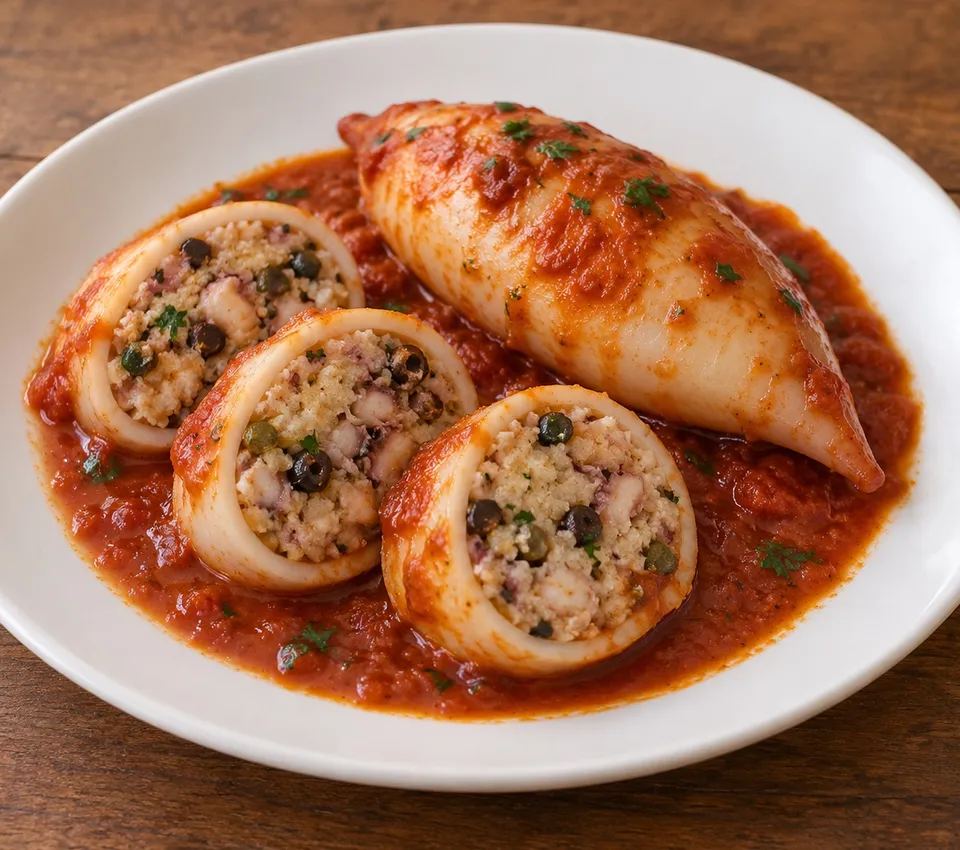 Whole and sliced stuffed squid with bread, tentacle, olive and caper filling in tomato sauce on a white plate