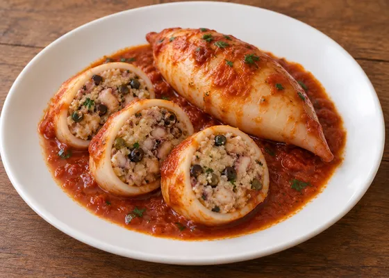 Whole and sliced stuffed squid with bread, tentacle, olive and caper filling in tomato sauce on a white plate