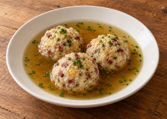 Round bread dumplings flecked with speck and parsley in clear beef broth with chopped chives