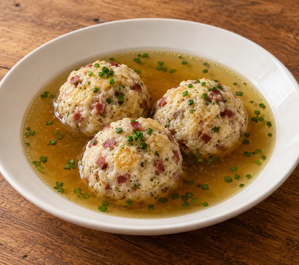 Round bread dumplings flecked with speck and parsley in clear beef broth with chopped chives