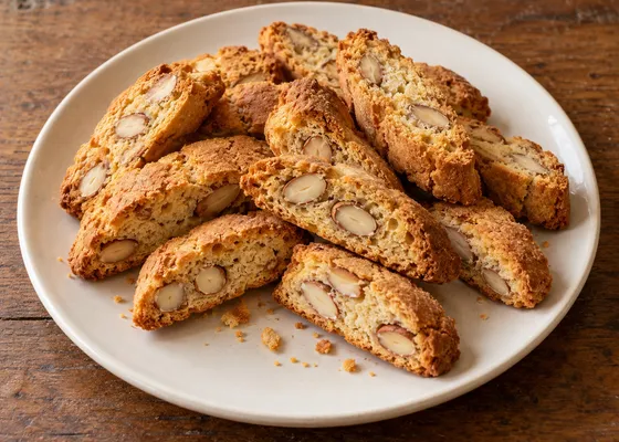 Golden diagonally sliced almond cantucci with whole almond cross-sections, arranged in a low pile on a white plate