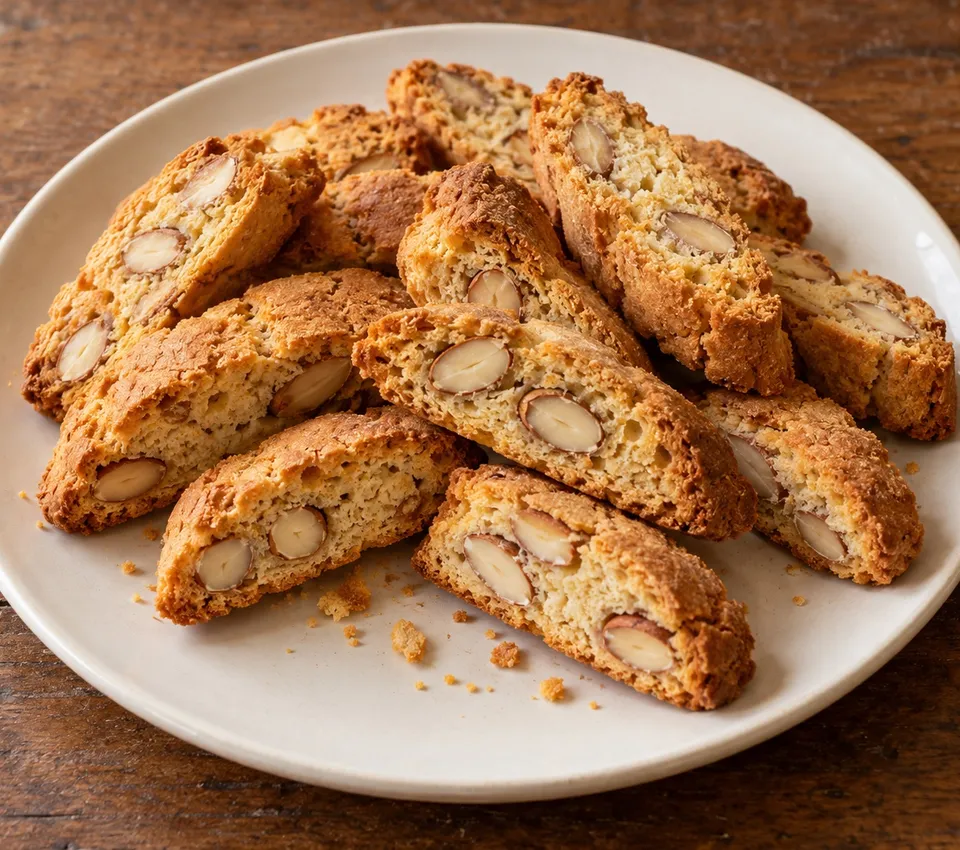 Golden diagonally sliced almond cantucci with whole almond cross-sections, arranged in a low pile on a white plate