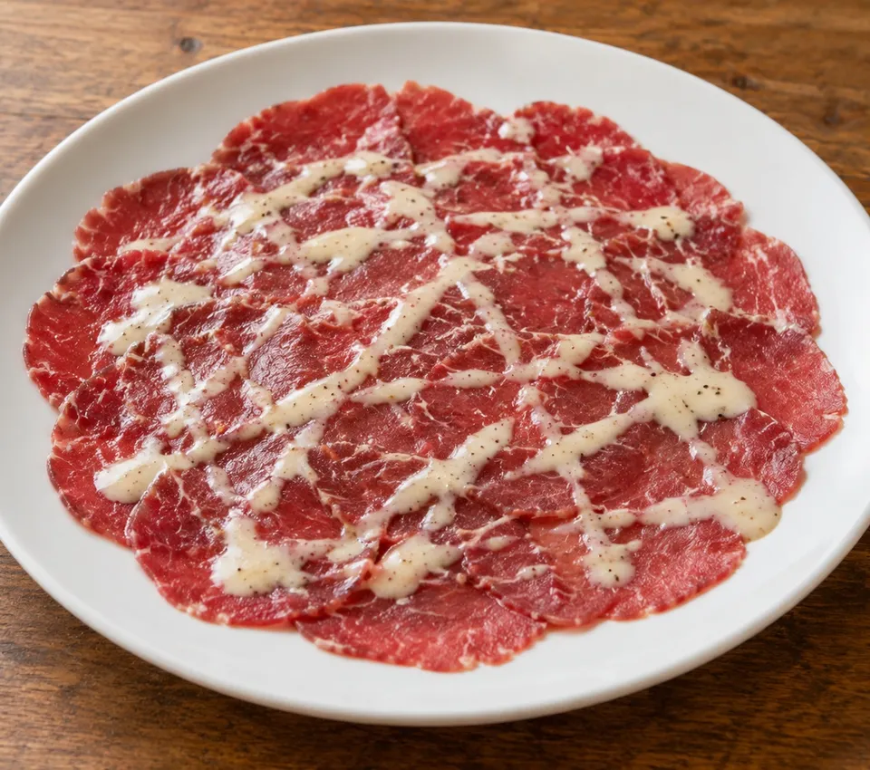 Paper-thin slices of raw red beef with a pale mayonnaise-based sauce on a white plate