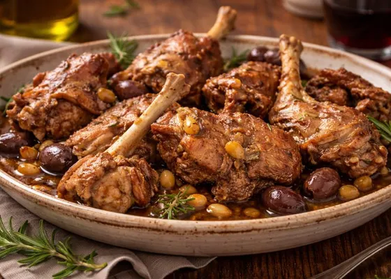 Browned rabbit pieces with small dark olives, pine nuts and rosemary on a large rustic plate