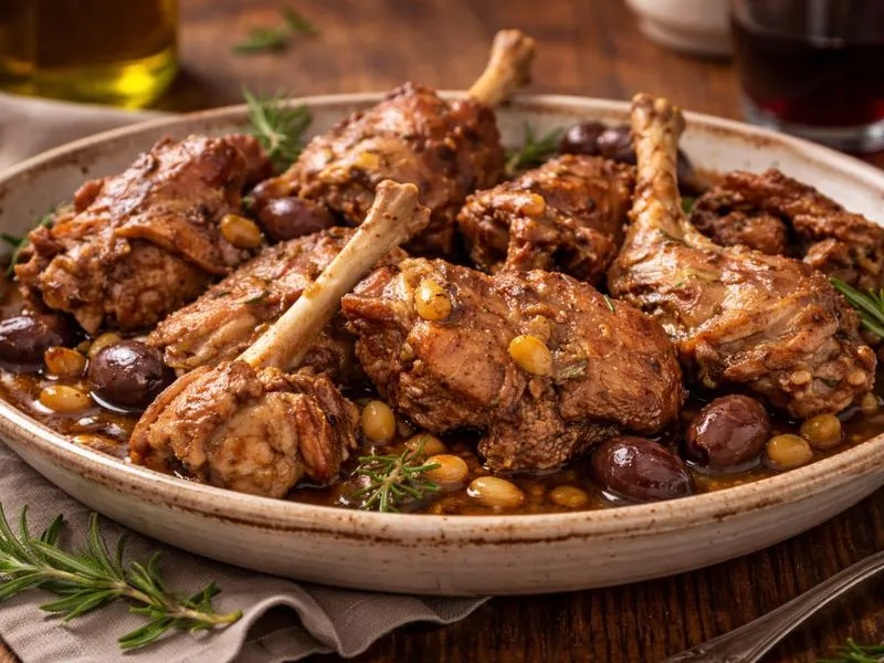 Browned rabbit pieces with small dark olives, pine nuts and rosemary on a large rustic plate