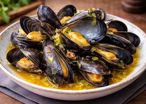 Opened mussels piled in a shallow bowl with golden saffron broth and small pieces of softened leek