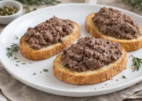 Three toasted bread slices topped with a coarse brown chicken liver spread, with capers and herbs in the background