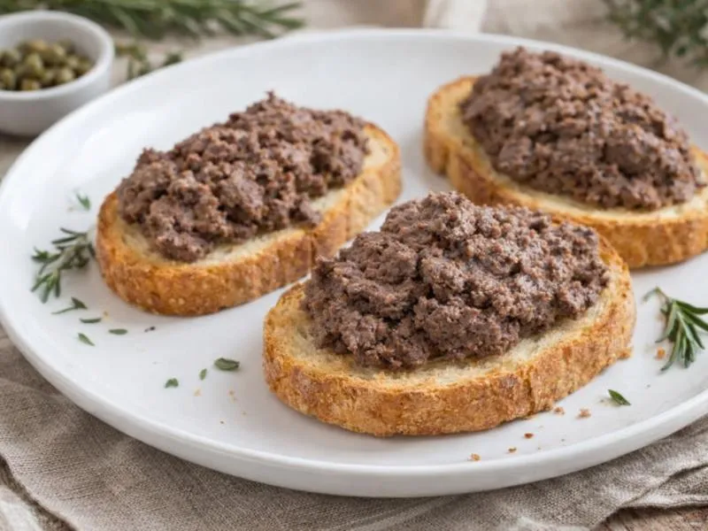 Three toasted bread slices topped with a coarse brown chicken liver spread, with capers and herbs in the background