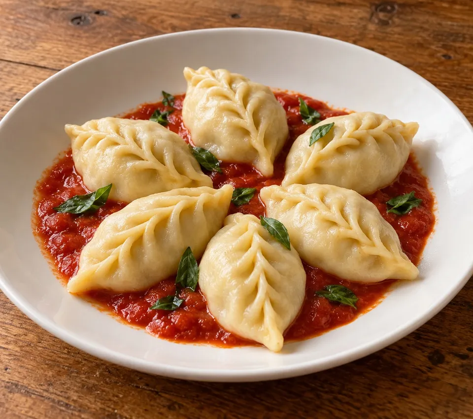 Pale plump culurgiones with wheat-ear seams over tomato sauce and torn basil on a white plate