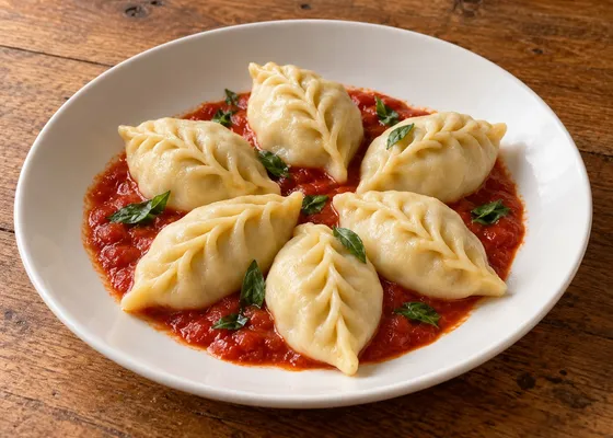 Pale plump culurgiones with wheat-ear seams over tomato sauce and torn basil on a white plate
