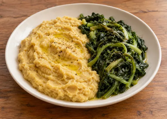 Pale thick broad-bean purée beside cooked dark leafy chicory with olive oil and black pepper on a white plate