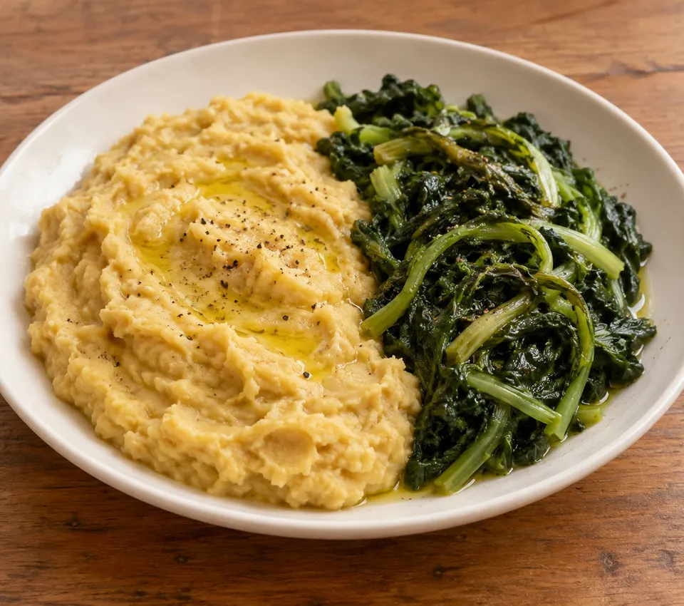 Pale thick broad-bean purée beside cooked dark leafy chicory with olive oil and black pepper on a white plate