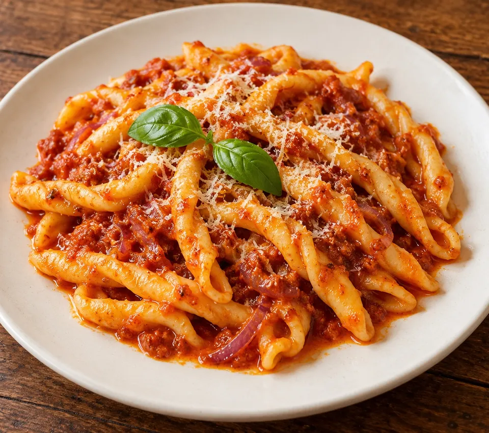 Elongated fileja pasta in red tomato and nduja sauce with softened red onion, grated pecorino and basil on a white plate