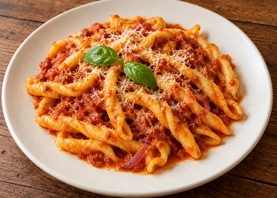 Elongated fileja pasta in red tomato and nduja sauce with softened red onion, grated pecorino and basil on a white plate