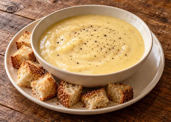 A shallow white bowl of pale golden Fontina fonduta with black pepper, surrounded by toasted bread cubes on a white plate