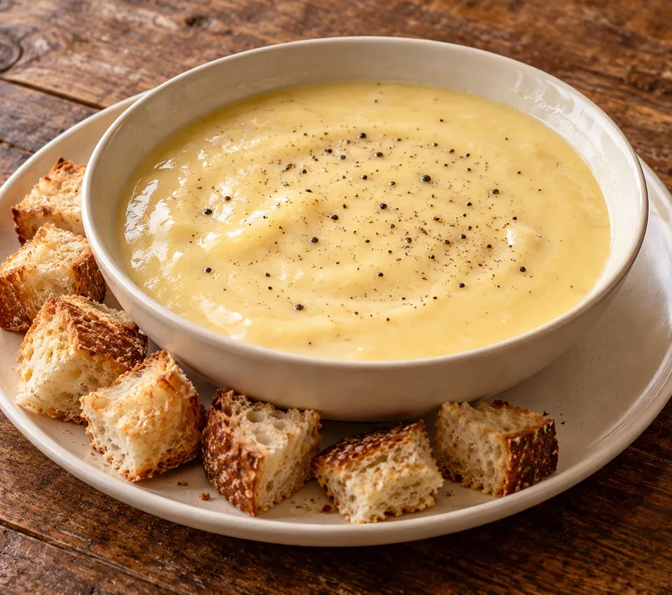 A shallow white bowl of pale golden Fontina fonduta with black pepper, surrounded by toasted bread cubes on a white plate