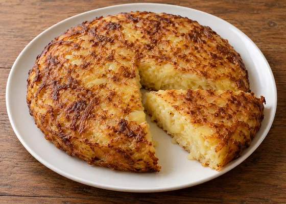 A round golden potato-and-cheese frico with one wedge moved forward to show the soft center on a white plate