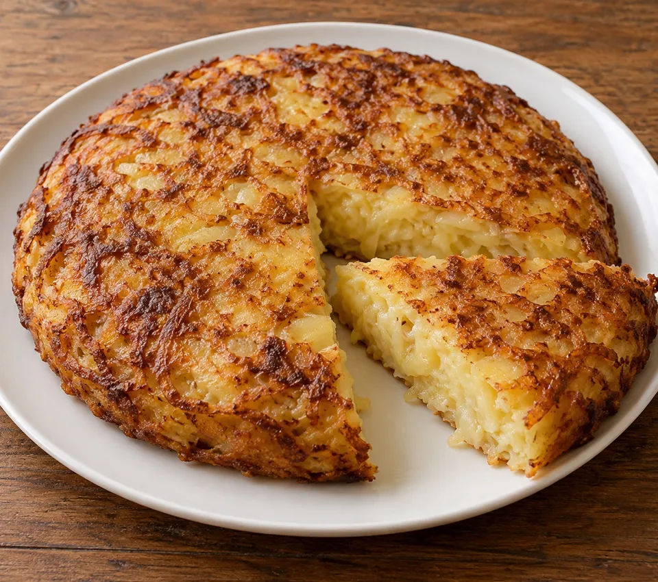 A round golden potato-and-cheese frico with one wedge moved forward to show the soft center on a white plate