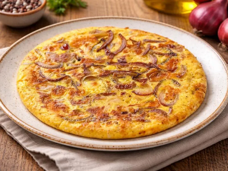 A round golden onion frittata with visible red-onion slices on a ceramic plate