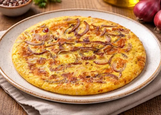 A round golden onion frittata with visible red-onion slices on a ceramic plate