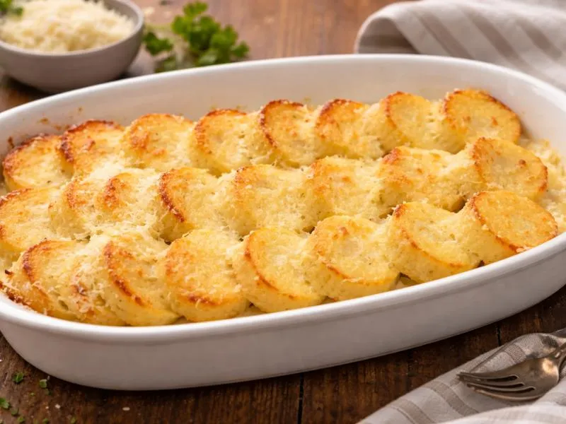 Overlapping golden semolina rounds in a white baking dish