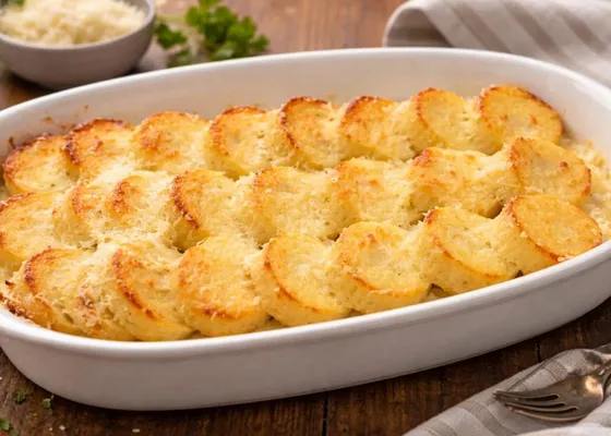 Overlapping golden semolina rounds in a white baking dish