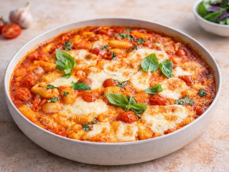 Ridged potato gnocchi baked in red tomato sauce with melted mozzarella, cherry tomato pieces and fresh basil in a shallow dish