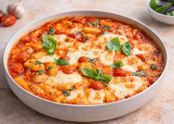 Ridged potato gnocchi baked in red tomato sauce with melted mozzarella, cherry tomato pieces and fresh basil in a shallow dish