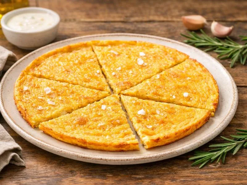 A thin golden chickpea flatbread cut into wedges, with coarse salt on a ceramic plate