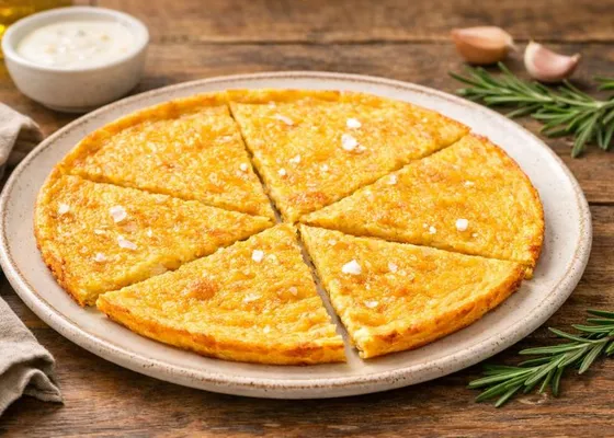 A thin golden chickpea flatbread cut into wedges, with coarse salt on a ceramic plate