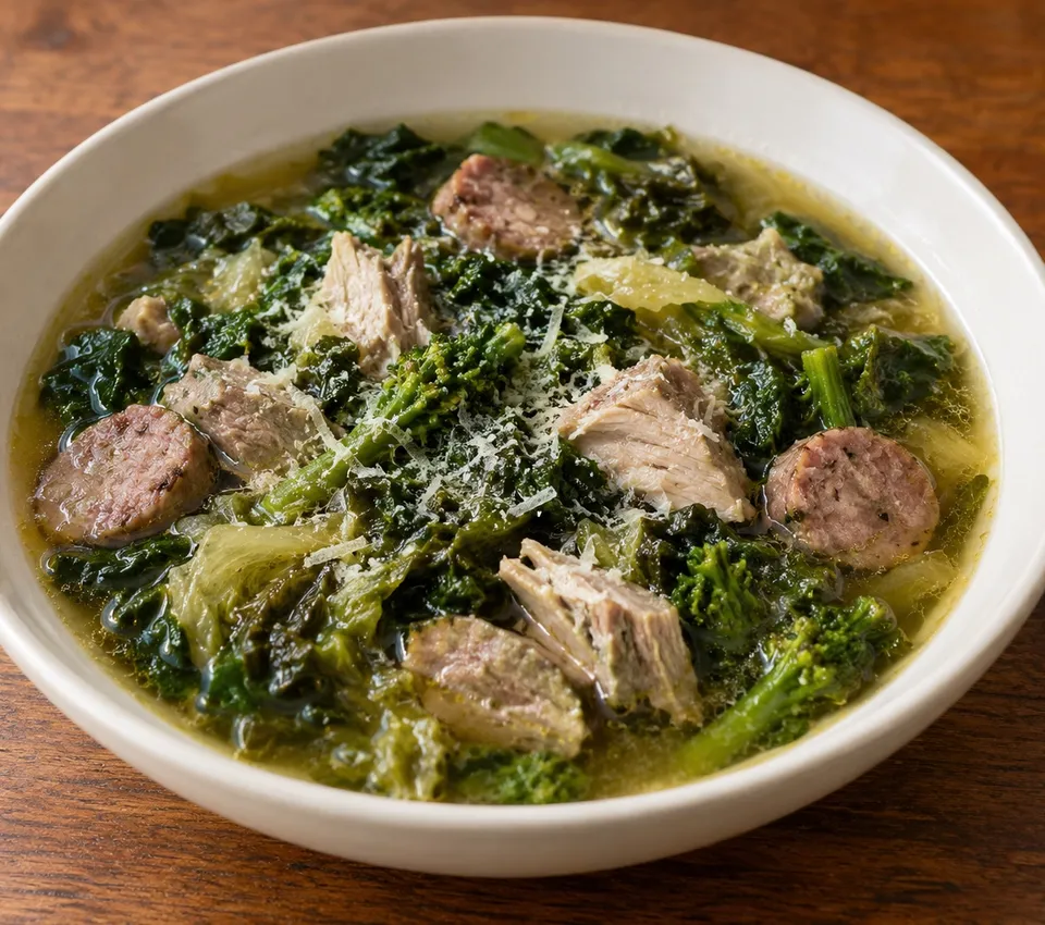 Pork, chicken and sliced sausage with leafy greens and grated cheese in a white soup bowl