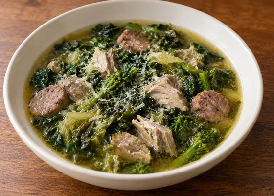 Pork, chicken and sliced sausage with leafy greens and grated cheese in a white soup bowl