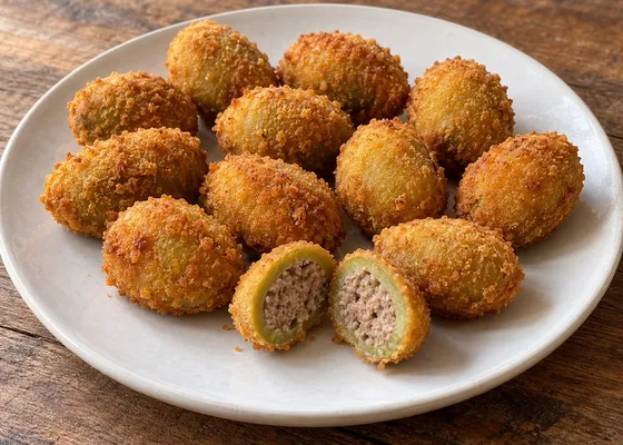 Golden breadcrumb-coated stuffed olives, one halved to show a green olive layer around finely minced cooked meat on a white plate
